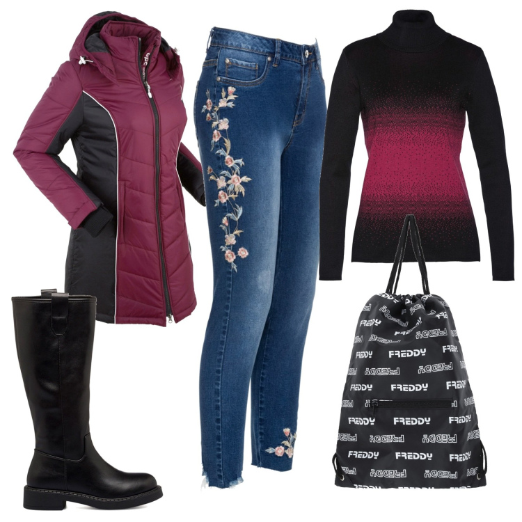 Outfit donna - Total look #1694781. Stile Casual per Tutti i giorni. Abbinamento con blazer, jeans, maglieria, zaini, stivali.