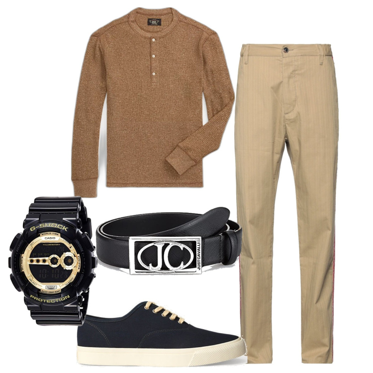 Outfit uomo - Nocciola. Stile Trendy per Tutti i giorni. Abbinamento con pantaloni, sneakers, t-shirt, orologi digitali, cinture.