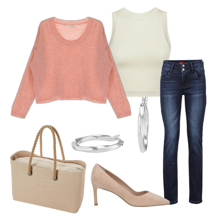 Outfit donna - L\'outfit di oggi. Stile Casual chic per Ufficio. Abbinamento con jeans, décolleté, maglieria, canottiere, borse a spalla, orecchini.