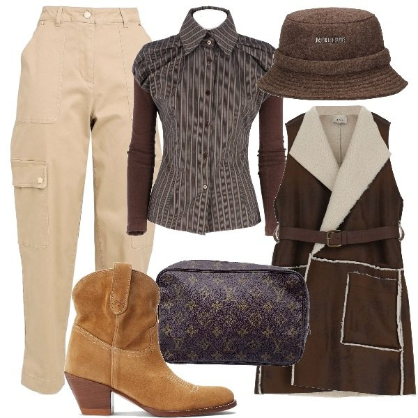 Outfit donna - Cioccolato per l\'autunno. Stile Urban per Tutti i giorni. Abbinamento con camicie, borse a mano, pantaloni cargo, stivaletti, blazer, cappelli.