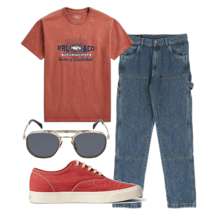 Outfit uomo - Jeans ricuciti. Stile Casual per Tutti i giorni. Abbinamento con pantaloni, sneakers, t-shirt, occhiali da sole.