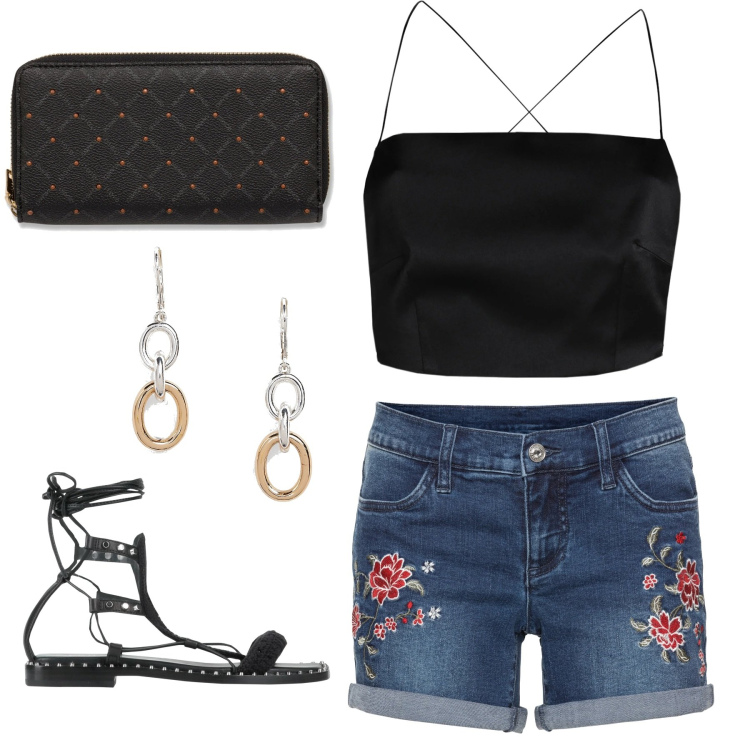 Outfit donna - Shorts di jeans con ricamo. Stile Casual per Tutti i giorni. Abbinamento con shorts, sandali in pelle, top, orecchini, portafogli.