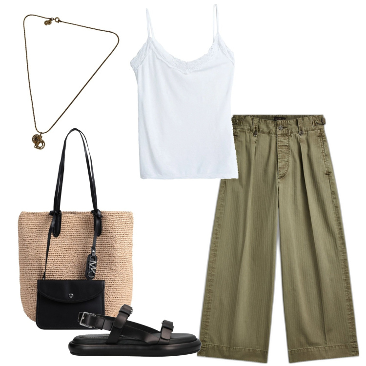 Outfit donna - Total look Basic. Stile Basic per Tutti i giorni. Abbinamento con canottiere, sandali in pelle, borse a spalla, collane, pantaloni.