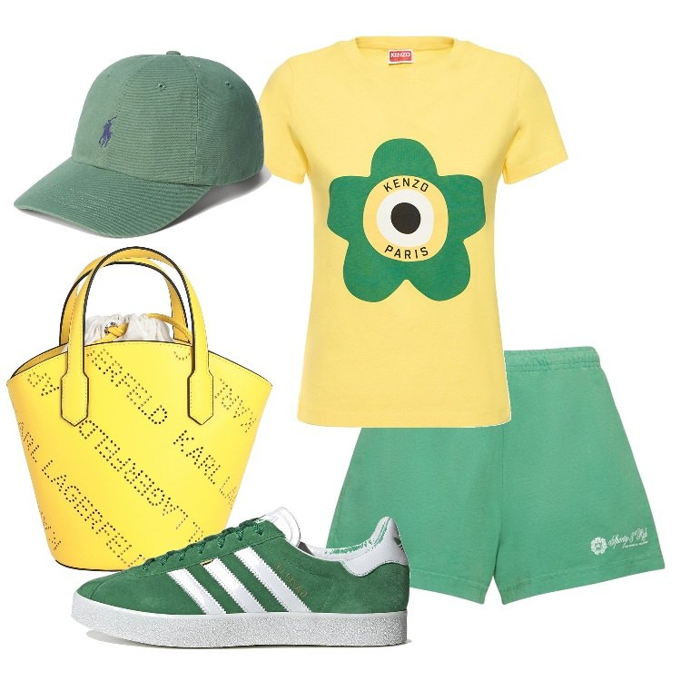 Outfit donna - Pic nic in giallo e verde. Stile Casual per Tutti i giorni. Abbinamento con borse a mano, cappelli, sneakers, shorts, t-shirt.