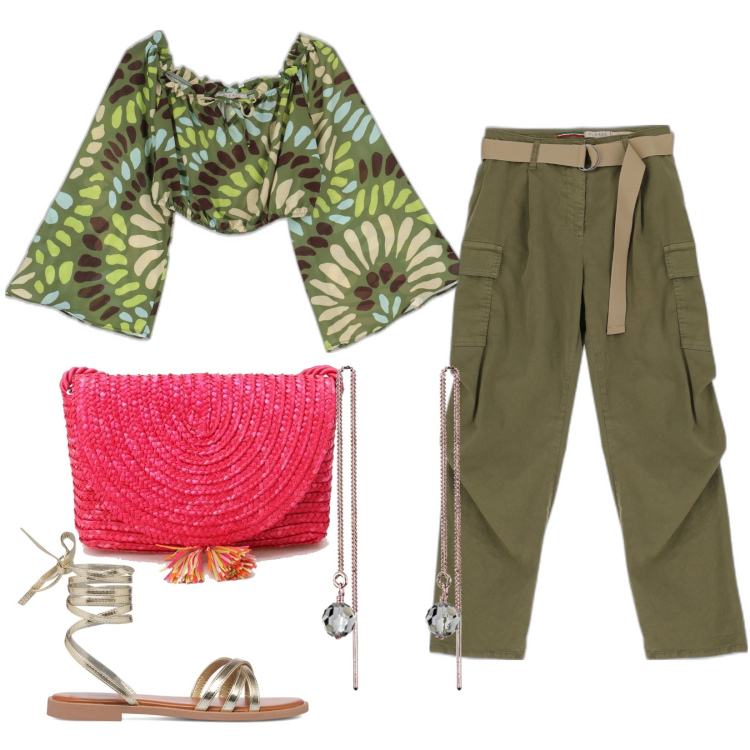 Outfit donna - Total look #1694970. Stile Trendy per Serata fuori. Abbinamento con pantaloni, camicie, pochette, sandali alla schiava, orecchini.
