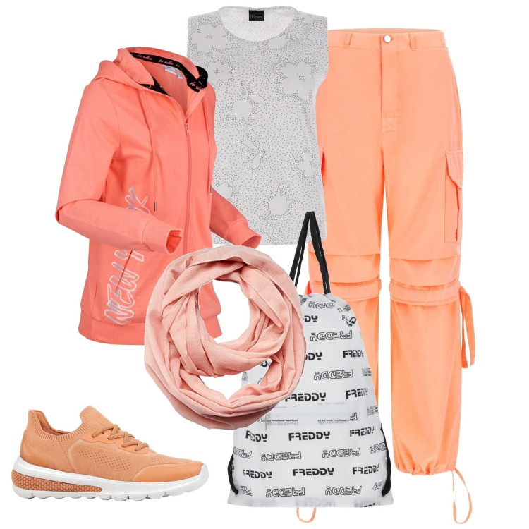 Outfit donna - Vacanza in montagna. Stile Sporty chic per Tutti i giorni. Abbinamento con felpe con cappuccio, pantaloni cargo, zaini, canottiere, sneakers, sciarpe.