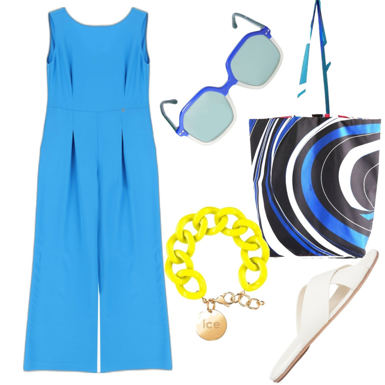 Outfit donna - Un giorno estivo con classe. Stile Casual chic per Tutti i giorni. Abbinamento con sandali in pelle, tute, shopping bag, occhiali da sole, braccialetti.