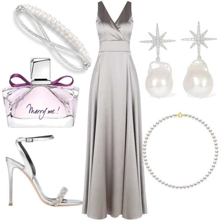 Outfit donna - Emma si sposa in grigio. Stile Glamour per Cerimonia. Abbinamento con sandali in pelle, vestiti lunghi, collane, braccialetti, profumi, orecchini.