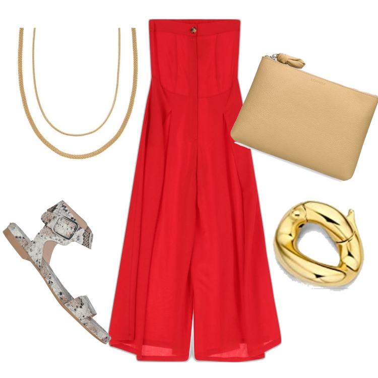 Outfit donna - Pranzo di lavoro estivo. Stile Casual chic per Serata fuori. Abbinamento con sandali in pelle, tute, braccialetti, pochette, collane.