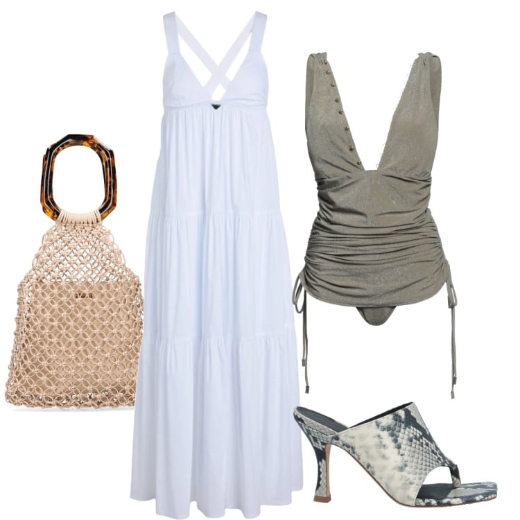 Outfit donna - Weekend al mare. Stile Chic per Mare. Abbinamento con infradito, vestiti da spiaggia, costumi interi, shopping bag.