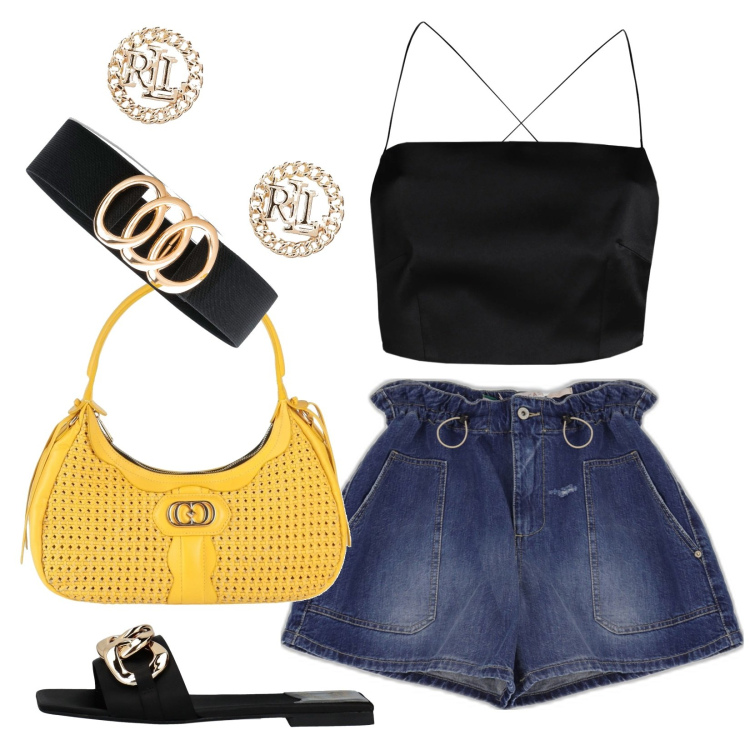 Outfit donna - Il dettaglio giallo. Stile Casual chic per Mare. Abbinamento con cinture, sandali in pelle, top, borse a mano, shorts, orecchini.