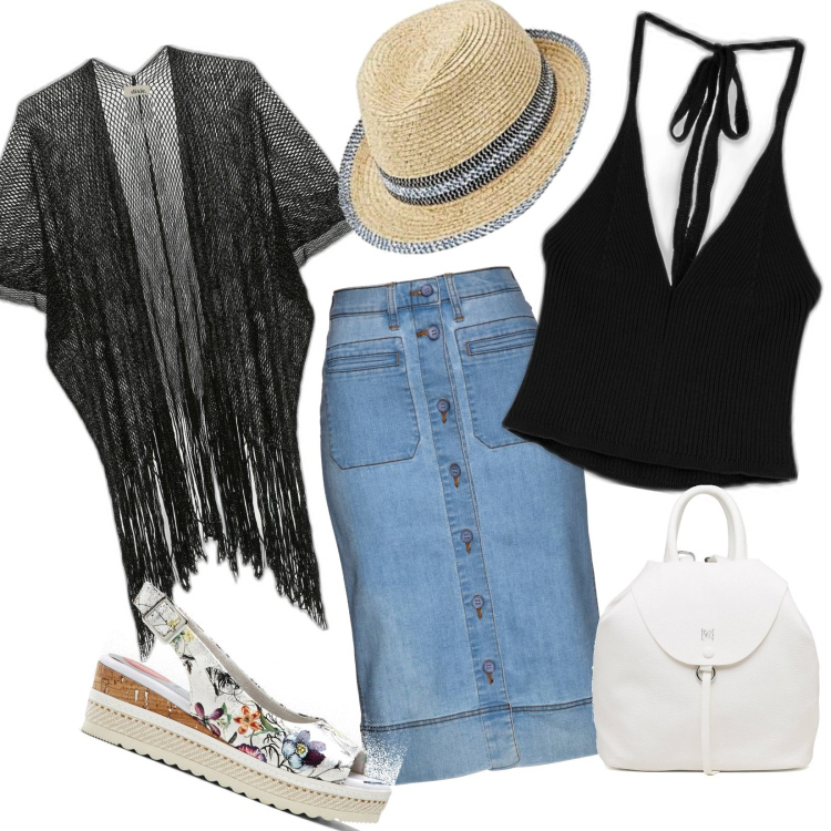Outfit donna - Total look #1695069. Stile Casual per Tutti i giorni. Abbinamento con gonne, décolleté, top, cardigans, zaini, berretti.
