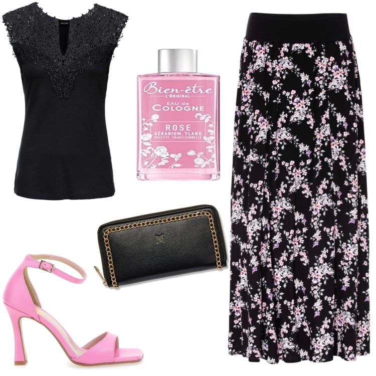 Outfit donna - Gonna lunga a fiori. Stile Romantica per Serata fuori. Abbinamento con gonne lunghe, top, portafogli, profumi, sandali col tacco.