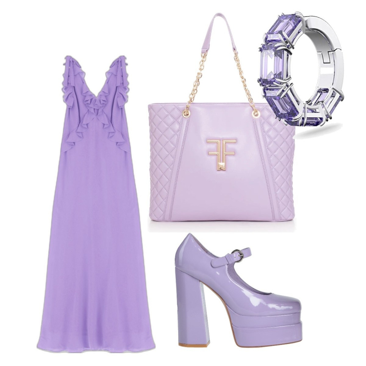 Outfit donna - Total glicine. Stile Casual chic per Serata fuori. Abbinamento con décolleté, shopping bag, vestiti lunghi, orecchini.