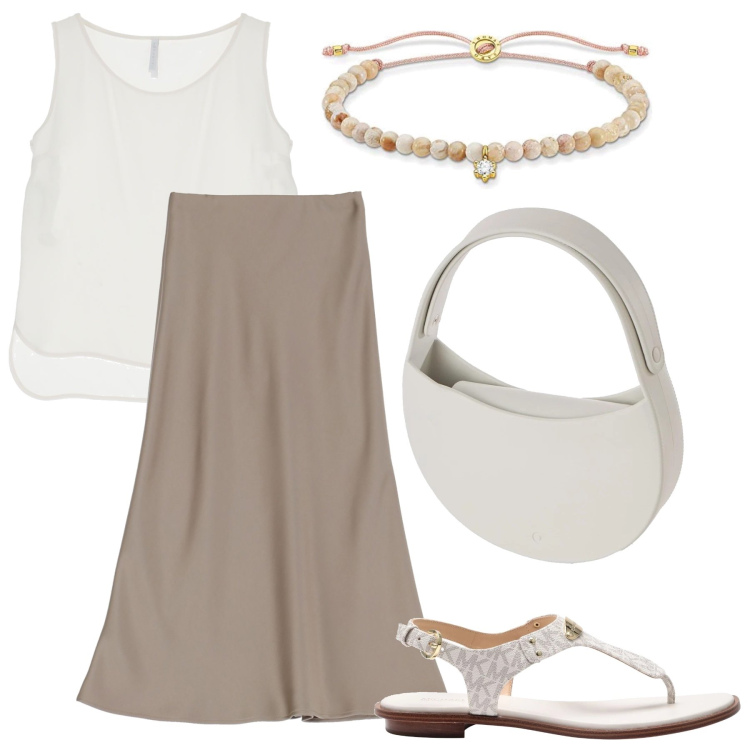 Outfit donna - Il bracciale con le pepite. Stile Casual chic per Tutti i giorni. Abbinamento con infradito, gonne longuette, canottiere, braccialetti, borse a spalla.