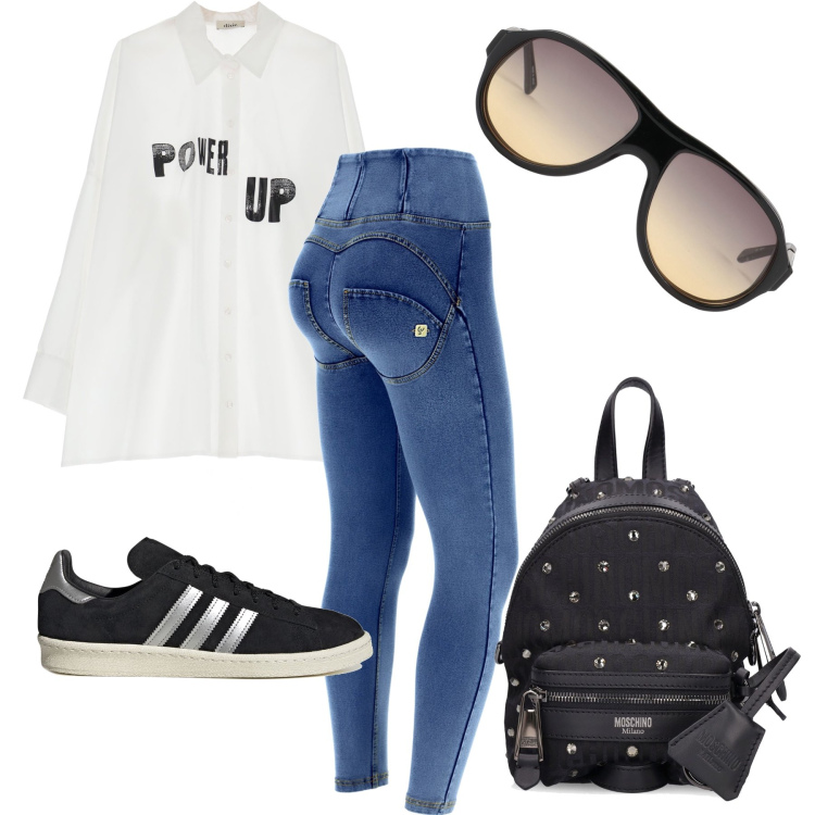 Outfit donna - Il camicione ampio. Stile Urban per Tutti i giorni. Abbinamento con occhiali da sole, jeggings, camicie, sneakers, zaini.