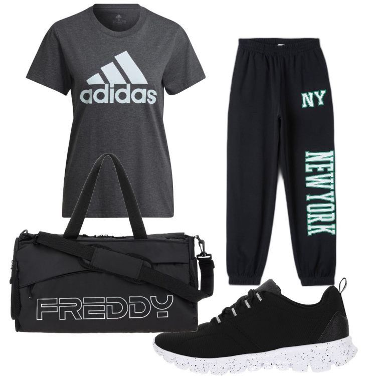 Outfit donna - Total look #1695254. Stile Basic per Sport. Abbinamento con pantaloni, borse sportive, sneakers, t-shirt.