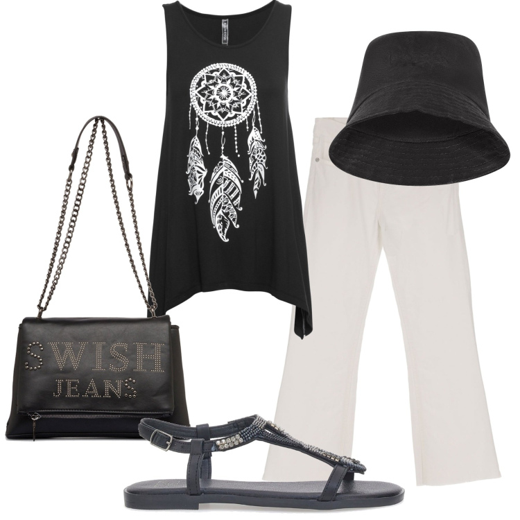 Outfit donna - L\'acchiappasogni. Stile Casual per Tutti i giorni. Abbinamento con top, cappelli, pantaloni capri, borse a tracolla, sandali gioiello.