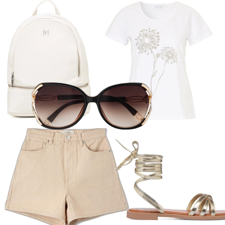 Outfit donna - Total look #1695347. Stile Basic per Tutti i giorni. Abbinamento con t-shirt, occhiali da sole, shorts, zaini, sandali alla schiava.