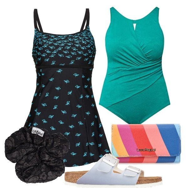 Outfit donna - L\'intero che nasconde. Stile Minimal per Mare. Abbinamento con vestiti da spiaggia, sandali, costumi interi, portafogli, accessori per capelli.