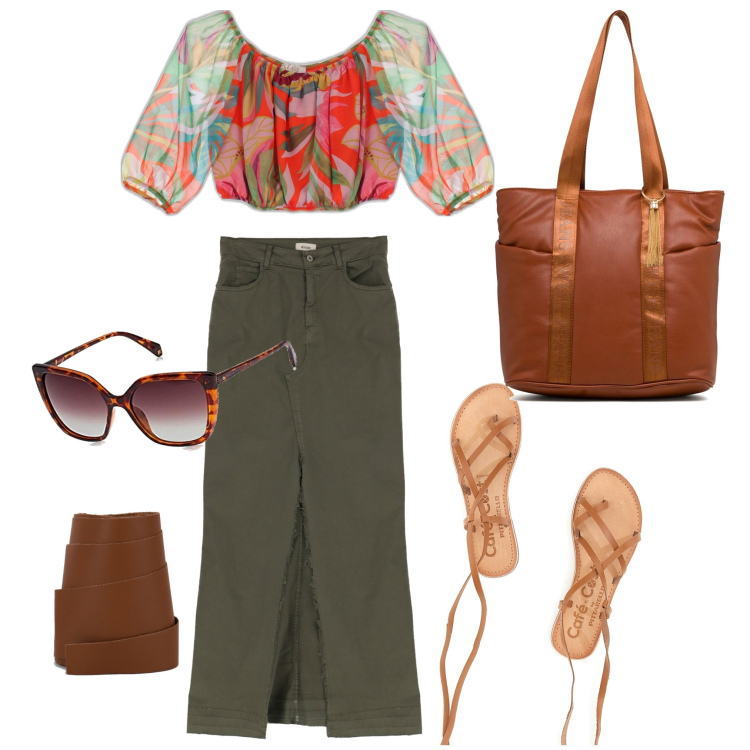 Outfit donna - Top multicolor. Stile Bon Ton per Tutti i giorni. Abbinamento con top, cinture, gonne lunghe, borse a spalla, occhiali da sole, sandali alla schiava.