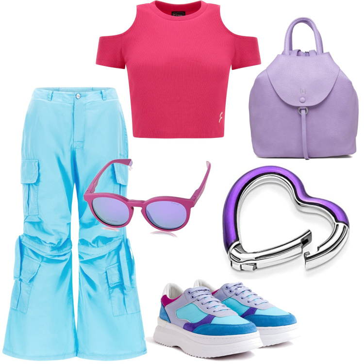 Outfit donna - Multicolor in palestra. Stile Sporty chic per Sport. Abbinamento con pantaloni cargo, top, sneakers, zaini, braccialetti, occhiali da sole.