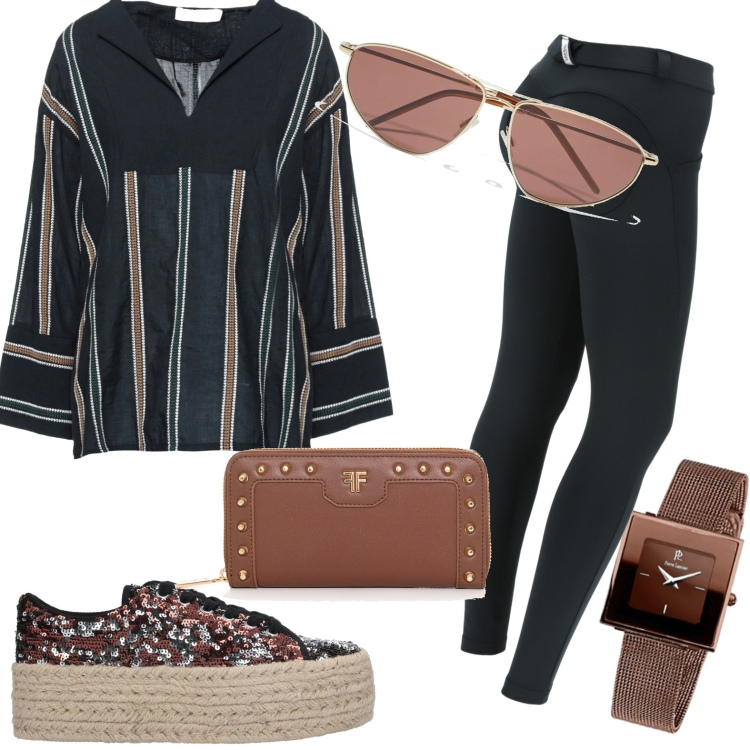 Outfit donna - Total look #1695471. Stile Casual per Ufficio. Abbinamento con bluse, sneakers, occhiali da sole, pantaloni skinny, portafogli, orologi.