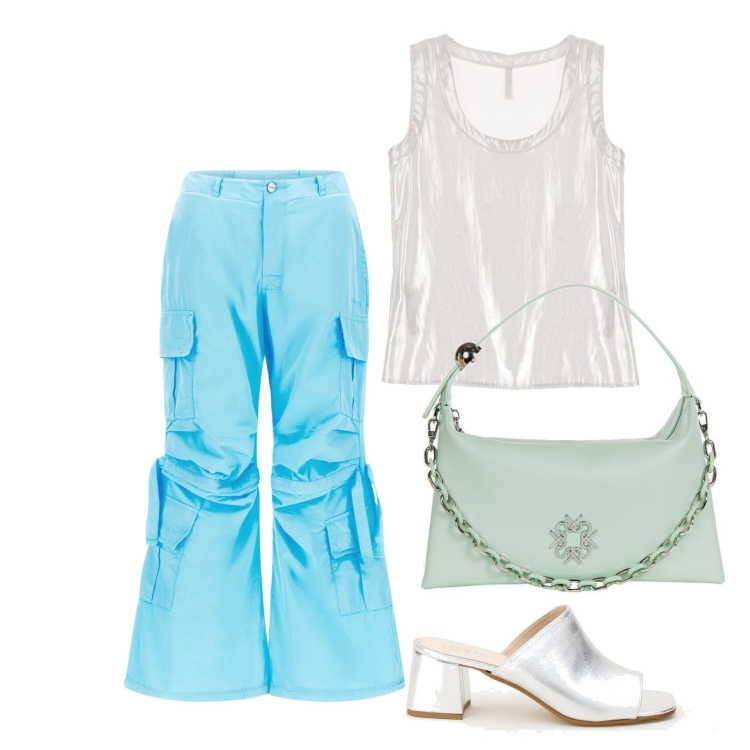 Outfit donna - Ghost outfitter - agosto. Stile Casual per Tutti i giorni. Abbinamento con pantaloni cargo, canottiere, sandali col tacco, borse a spalla.