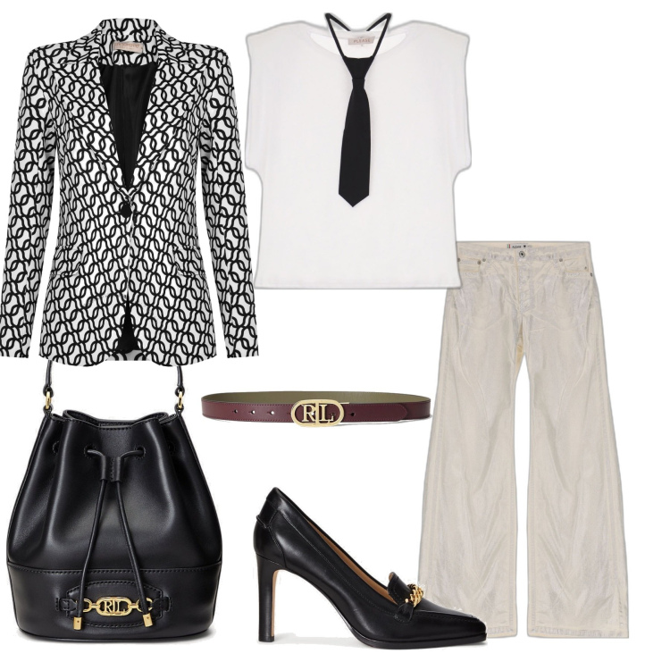 Outfit donna - Elegante con un tocco giovanile. Stile Casual chic per Ufficio. Abbinamento con cappotti, pantaloni a palazzo, t-shirt, cinture, décolleté, borse a secchiello.