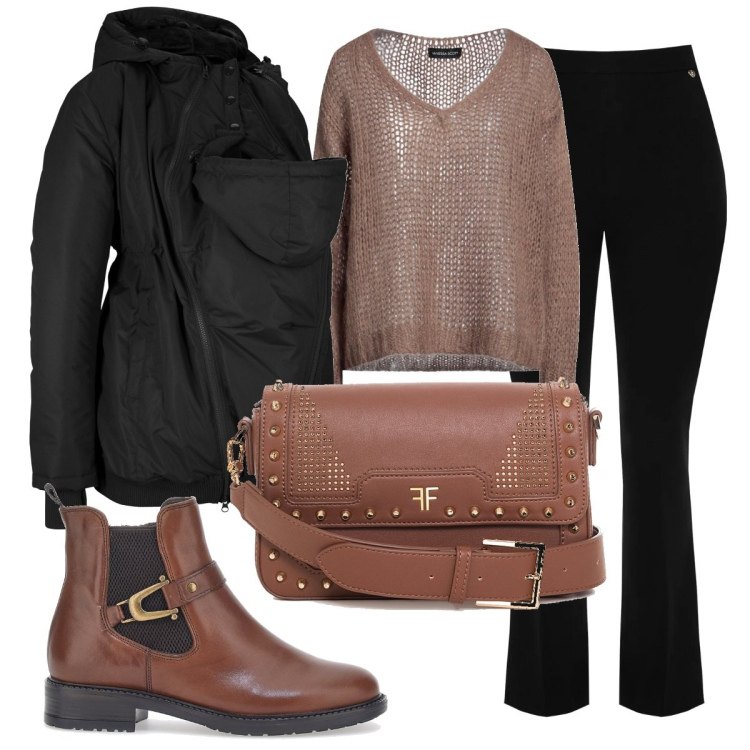 Outfit donna - Fa freddino. Stile Bon Ton per Ufficio. Abbinamento con piumini, pullovers, pantaloni, borse a spalla, stivaletti.