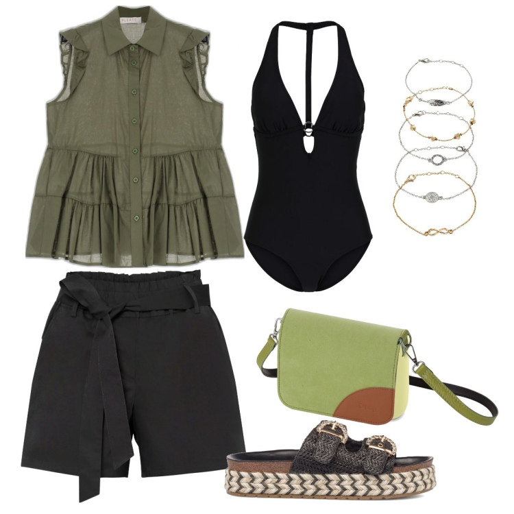 Outfit donna - Rimini. Stile Casual per Tutti i giorni. Abbinamento con braccialetti con ciondoli, costumi interi, shorts, camicie, sandali gioiello, borse a spalla.