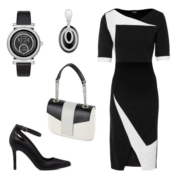 Outfit donna - Black & White. Stile Chic per Serata fuori. Abbinamento con vestiti a tubino, décolleté, orologi digitali, borse a spalla, orecchini.