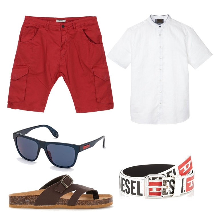 Outfit uomo - Bermuda rossi. Stile Trendy per Tutti i giorni. Abbinamento con camicie a manica corta, bermuda, cinture, sandali, occhiali da sole.