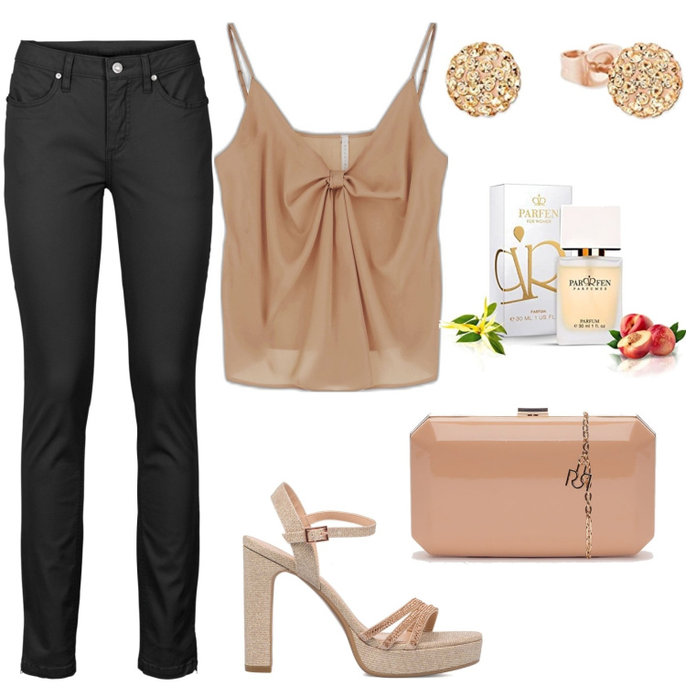 Outfit donna - Perfetta per la serata. Stile Glamour per Serata fuori. Abbinamento con jeans, clutch, canottiere, sandali gioiello, profumi, orecchini.