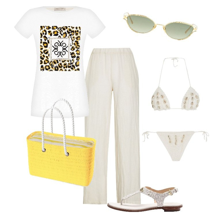 Outfit donna - Sotto l\'ombrellone. Stile Boho per Mare. Abbinamento con infradito, pantaloni, bikini, occhiali da sole, t-shirt, borse a spalla.