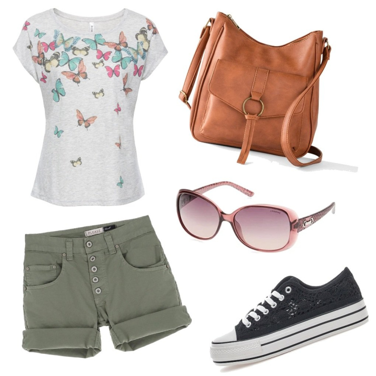 Outfit donna - Tempo libero by lalla.guiz. Stile Boho per Scuola/Università. Abbinamento con maglieria, borse a tracolla, shorts, sneakers, occhiali da sole.