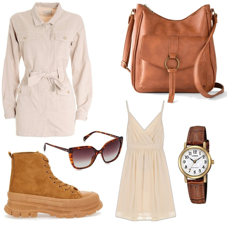 Outfit donna - Safari by lalla.guiz. Stile Vintage retrò per Tutti i giorni. Abbinamento con borse a tracolla, blazer, vestiti corti, sneakers, occhiali da sole, orologi analogici.