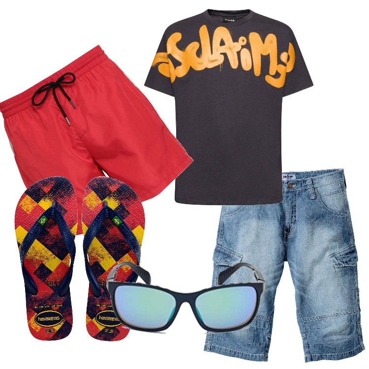 Outfit uomo - Vado al mare. Stile Casual per Mare. Abbinamento con bermuda, costumi, sandali, t-shirt, occhiali da sole.