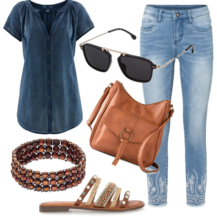 Outfit donna - Outfit cool. Stile Casual per Tutti i giorni. Abbinamento con camicie a manica corta, borse a tracolla, jeans skinny, ciabatte, occhiali da sole, braccialetti.