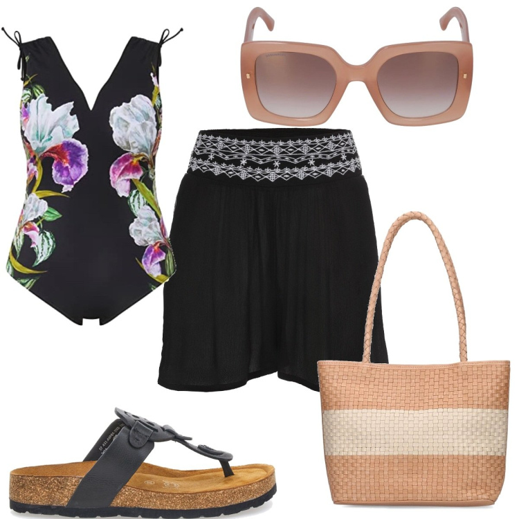 Outfit donna - Total look #1695716. Stile Etnico per Mare. Abbinamento con shorts, costumi interi, infradito, occhiali da sole, shopping bag.