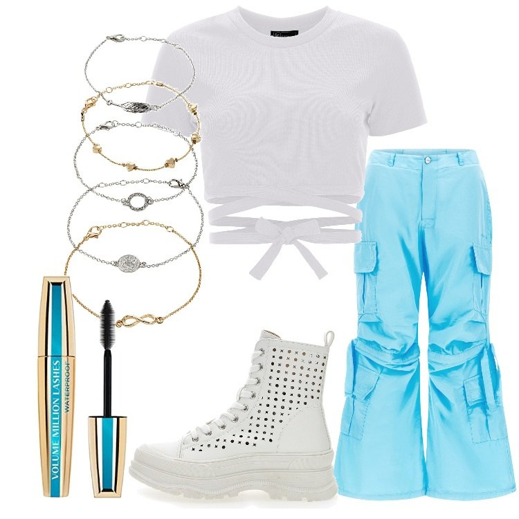 Outfit donna - Inspo Angelina Mango. Stile Trendy per Tutti i giorni. Abbinamento con braccialetti con ciondoli, pantaloni cargo, top, stivaletti, mascara.