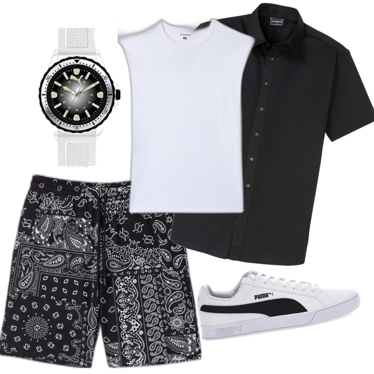 Outfit uomo - Bermuda bandana. Stile Casual per Tutti i giorni. Abbinamento con camicie a manica corta, t-shirt, bermuda, orologi, sneakers.