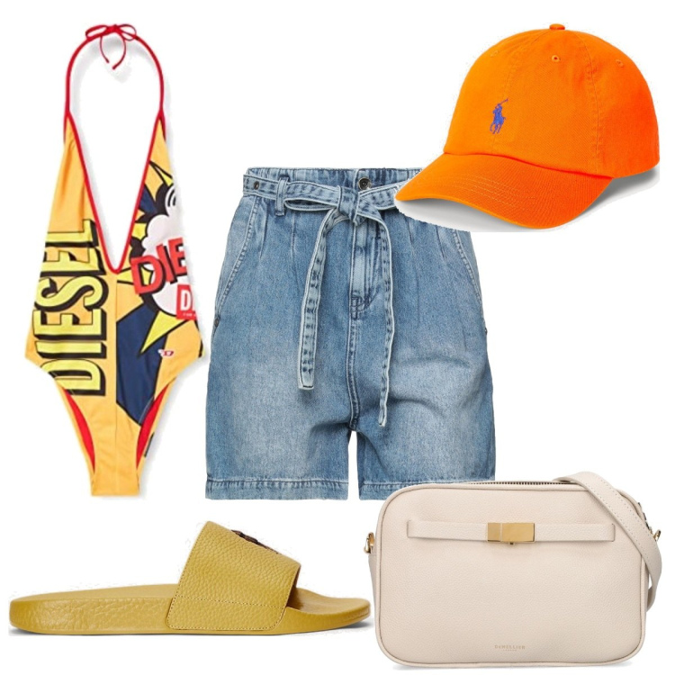 Outfit donna - Total look #1695744. Stile Trendy per Mare. Abbinamento con shorts, cappelli, ciabatte, borse a spalla, costumi interi.