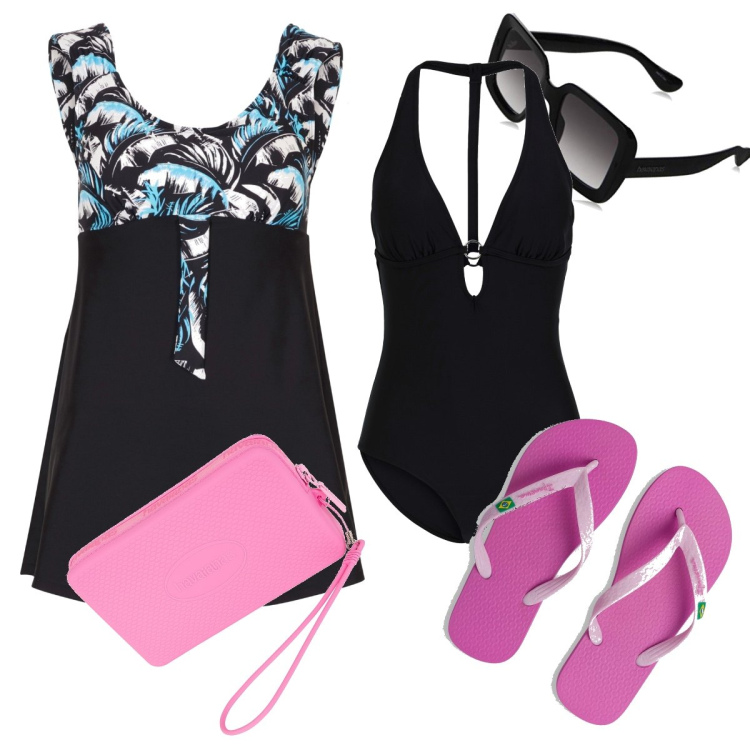 Outfit donna - In spiaggia. Stile Bon Ton per Mare. Abbinamento con costumi interi, vestiti da spiaggia, infradito, portafogli, occhiali da sole.