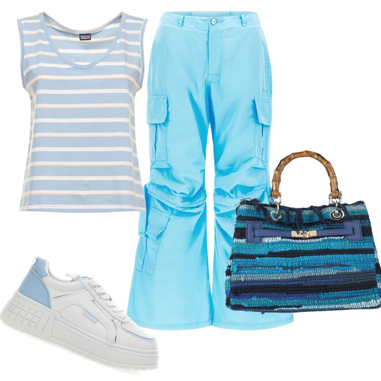 Outfit donna - I colori del mare. Stile Casual chic per Scuola/Università. Abbinamento con borse a mano, pantaloni cargo, canottiere, sneakers.