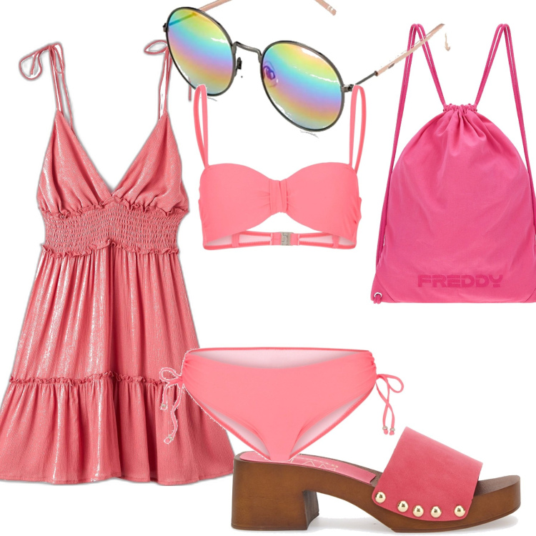 Outfit donna - Ultimo giorno di vacanza. Stile Glamour per Mare. Abbinamento con bikini, vestiti corti, zaini, zoccoli, occhiali da sole.