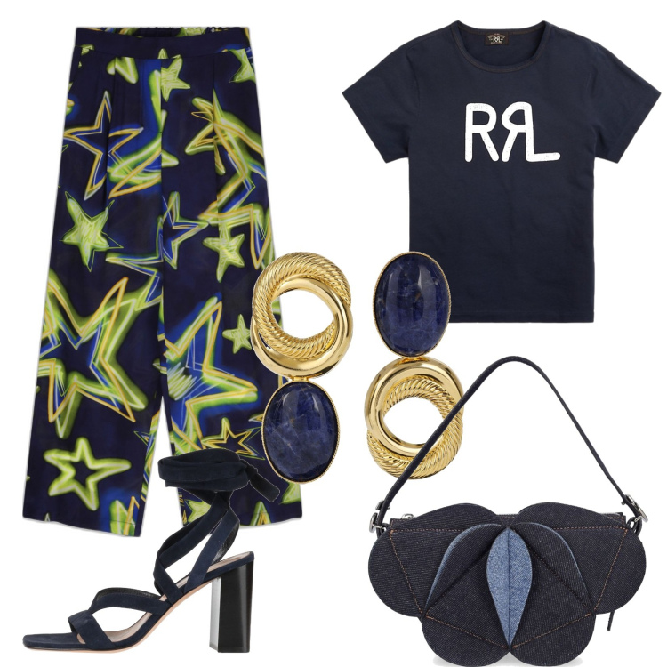 Outfit donna - Molto trendy. Stile Trendy per Serata fuori. Abbinamento con sandali col tacco, t-shirt, pantaloni a palazzo, borse a spalla, orecchini.