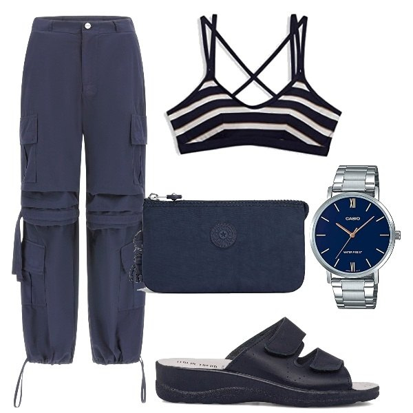 Outfit donna - Total look #1696000. Stile Basic per Mare. Abbinamento con pantaloni cargo, ciabatte, orologi, portamonete, bikini.