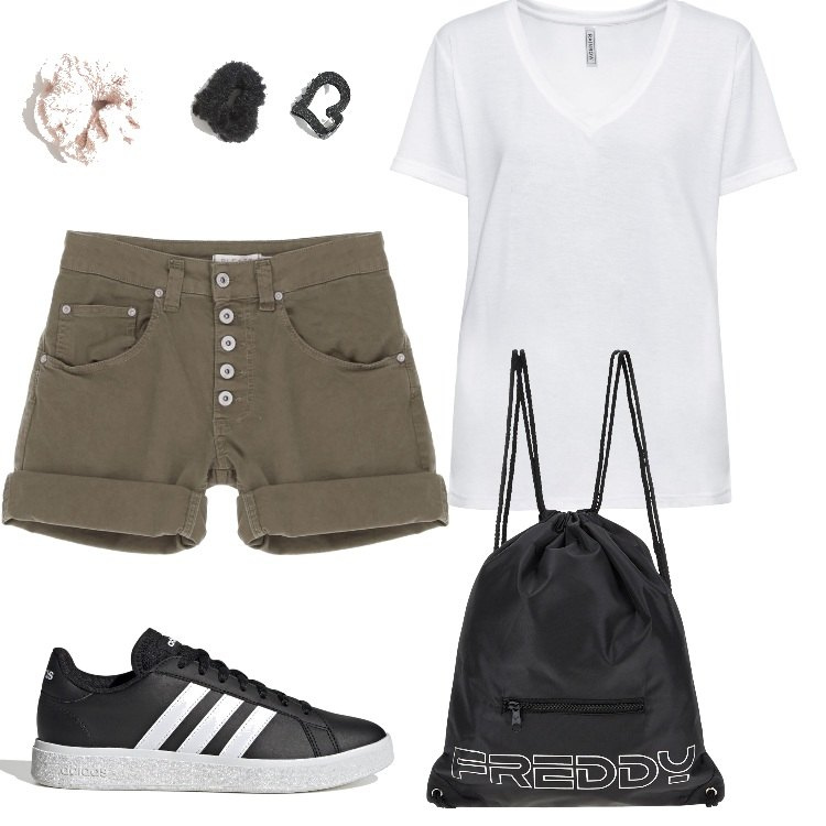 Outfit donna - Colori neutri. Stile Basic per Tutti i giorni. Abbinamento con t-shirt, accessori per capelli, shorts, zaini, sneakers.