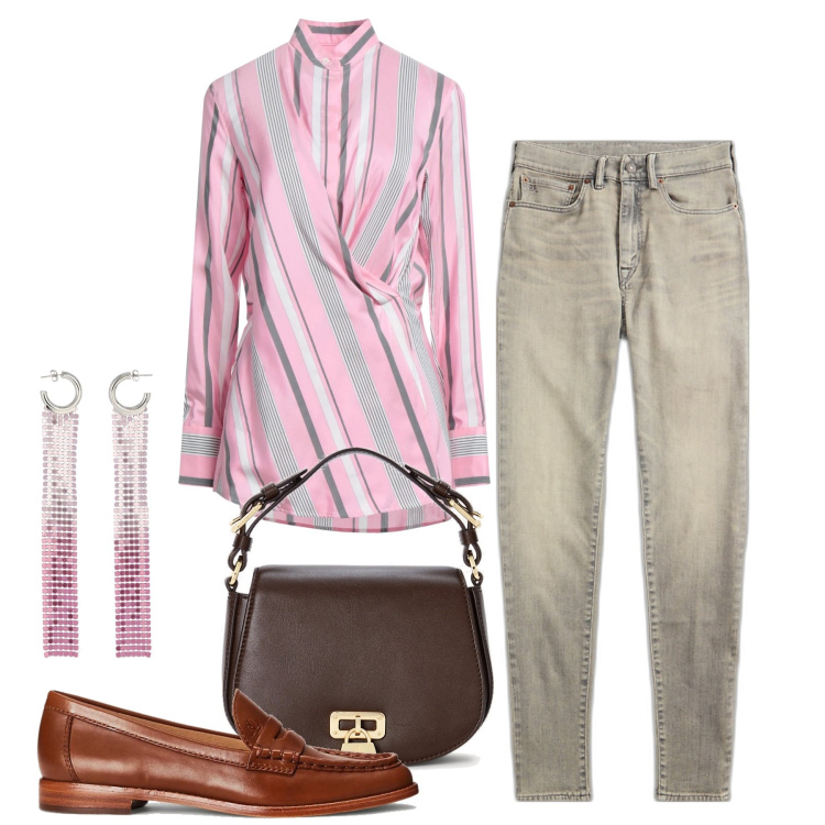 Outfit donna - Immancabile rosa. Stile Casual chic per Tutti i giorni. Abbinamento con camicie, mocassini, jeans skinny, borse a tracolla, orecchini.